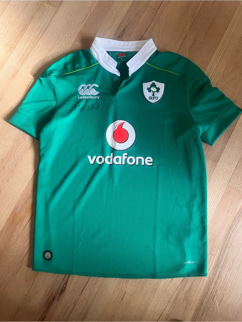 Signed Keith Wood Canterbury Ireland Green Rugby Jersey with Vodafone Logo